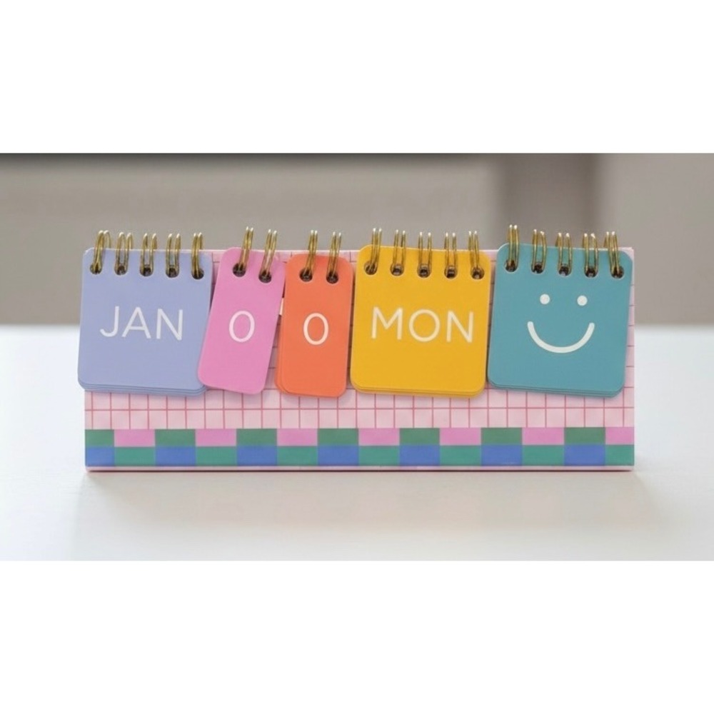 Jot Perpetual Flip Calendar Desktop Reusable Colorful Smiley Face Pink Grid